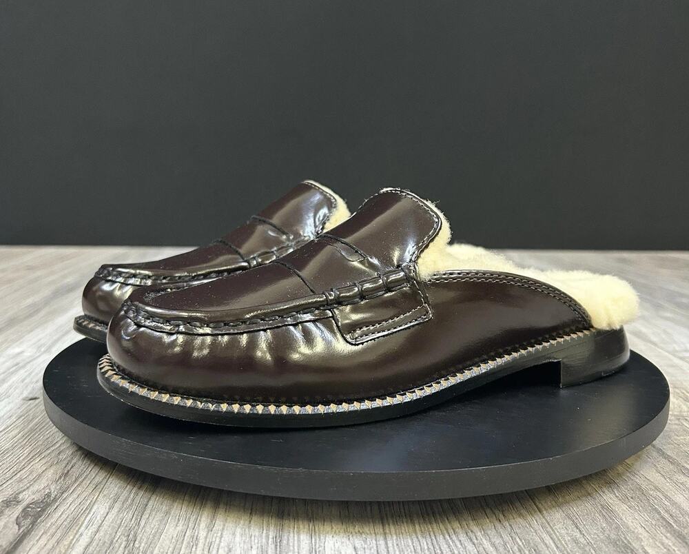 Freda Salvador Temi Shearling Penny Loafers Mule Espresso Leather Womens 6.5 NEW